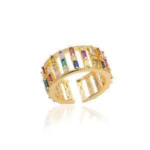 Vintage Layered Line Women's Open Rings with Rainbow Zircon