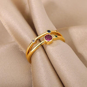 Vintage Layered Line Women's Open Rings with Rainbow Zircon