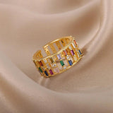 Vintage Layered Line Women's Open Rings with Rainbow Zircon
