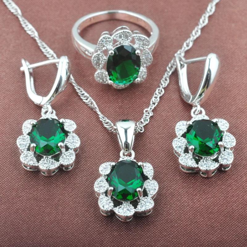 Green Zircon Silver Jewelry Set Crystal Necklace Earrings Ring