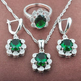Green Zircon Silver Jewelry Set Crystal Necklace Earrings Ring