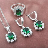 Green Zircon Silver Jewelry Set Crystal Necklace Earrings Ring