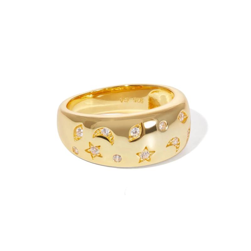 Christmas Engraved CZ Moon Star Starlight Vintage Women Engagement Ring