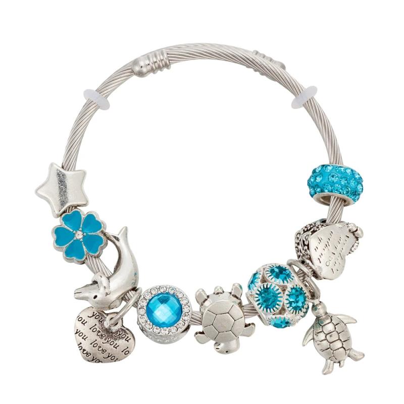 Sea Animal Turtle Stainless Steel Bangle Charm Bracelet DIY Beads Jewelry