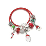 Santa Claus & Cane Charm Red Leather Bracelet Christmas Gift