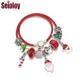 Santa Claus & Cane Charm Red Leather Bracelet Christmas Gift
