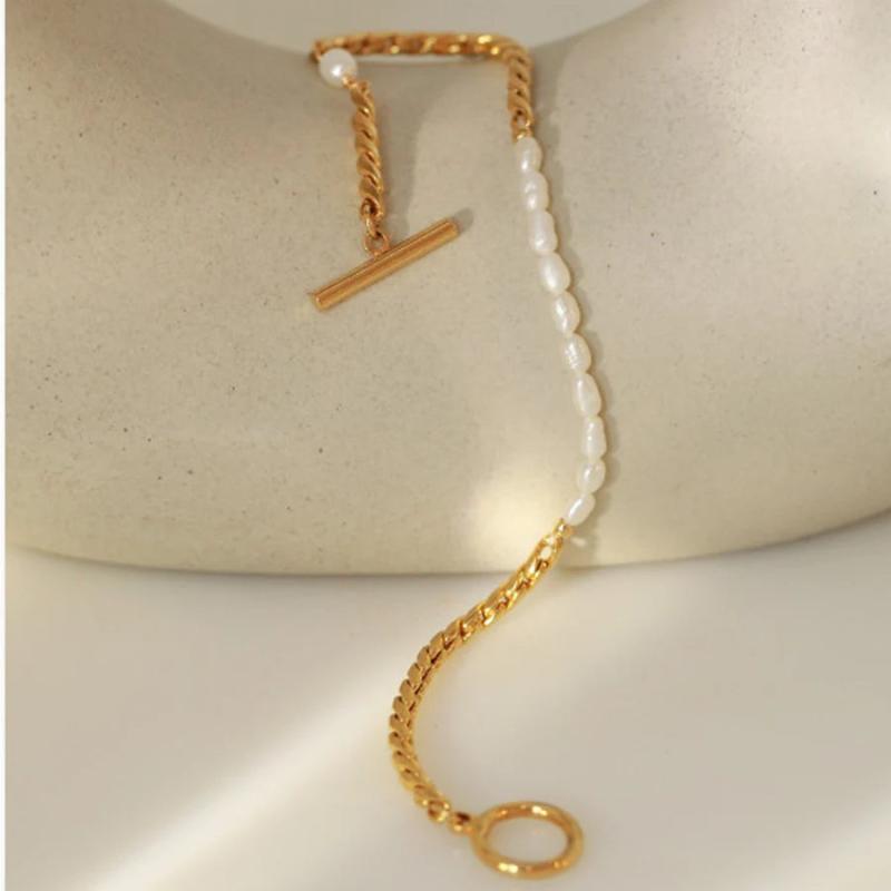 Natural Pearl Chain Bracelet 18 K Metal Bracelet