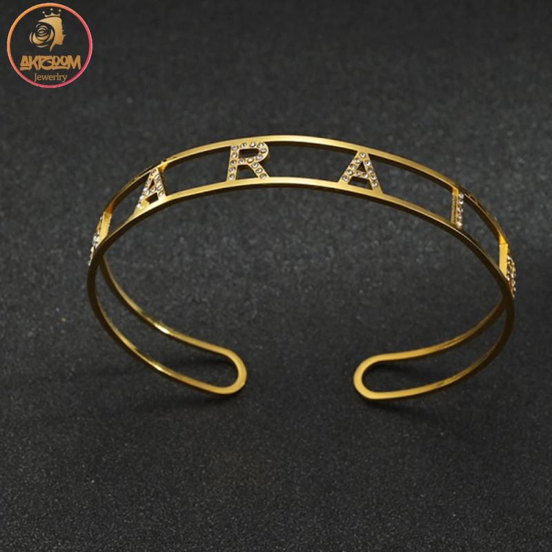 Akizoom Custom Zircon Letter Bracelets Stainless Steel Jewelry