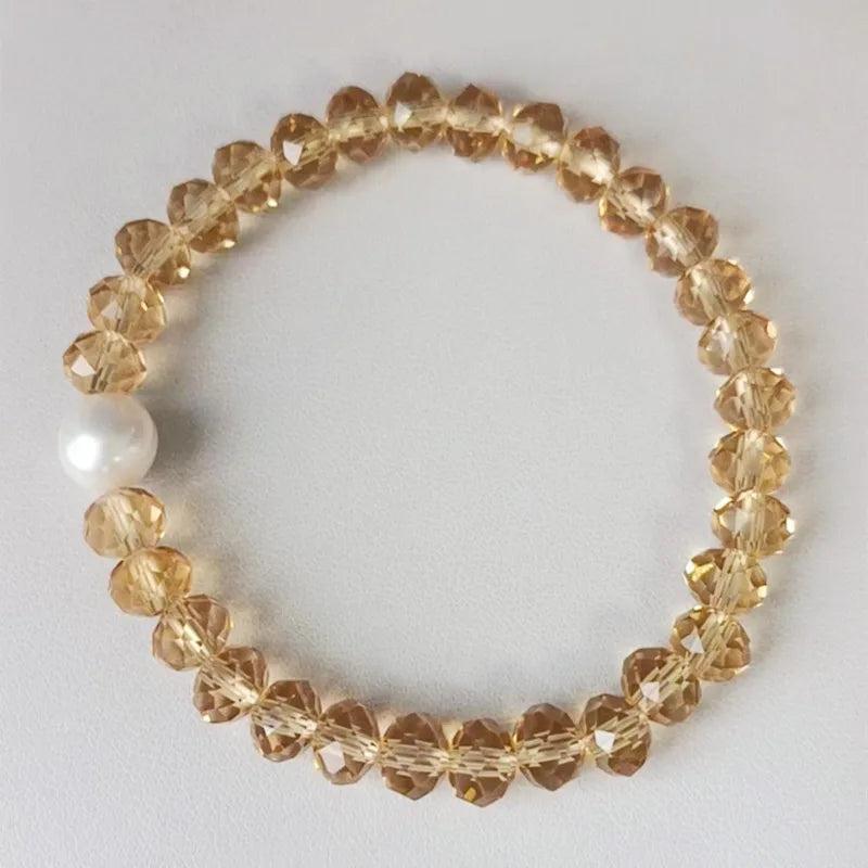 Yellow Crystal & Freshwater Pearl Bead Bracelet 7.5in