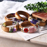 Resin Bangle Bracelet with Real Wood Purple Dried Flower Bohemia Style Bangle