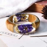 Resin Bangle Bracelet with Real Wood Purple Dried Flower Bohemia Style Bangle