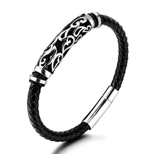Vintage Style Stainless Steel Hollow Carved Cow Leather Men's Bracelet