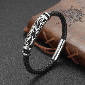 Vintage Style Stainless Steel Hollow Carved Cow Leather Men's Bracelet