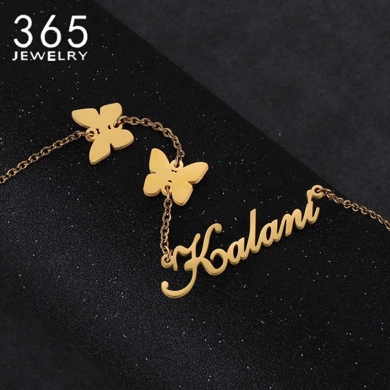 Custom Double Butterflies Name Necklace Stainless Steel Choker