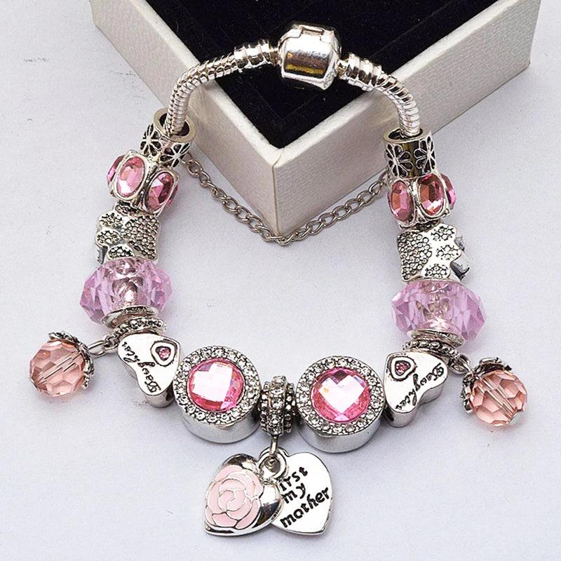 Crystal Sweet Mother Beads Charm Bracelet Silver Chain Bangle