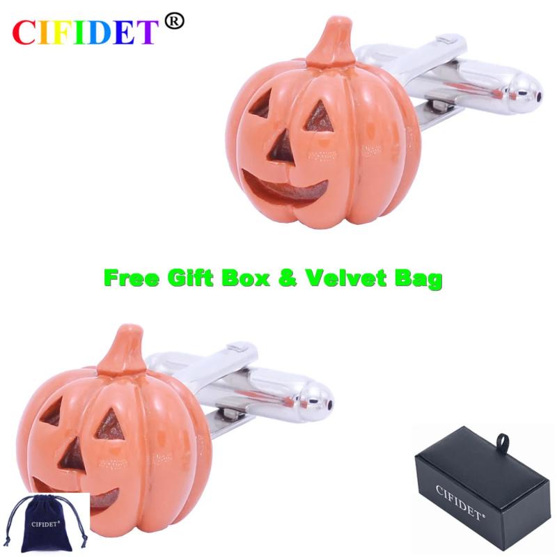 Halloween Orange Pumpkin Cufflinks with Velvet Bag - Men's Jewelry Accessories