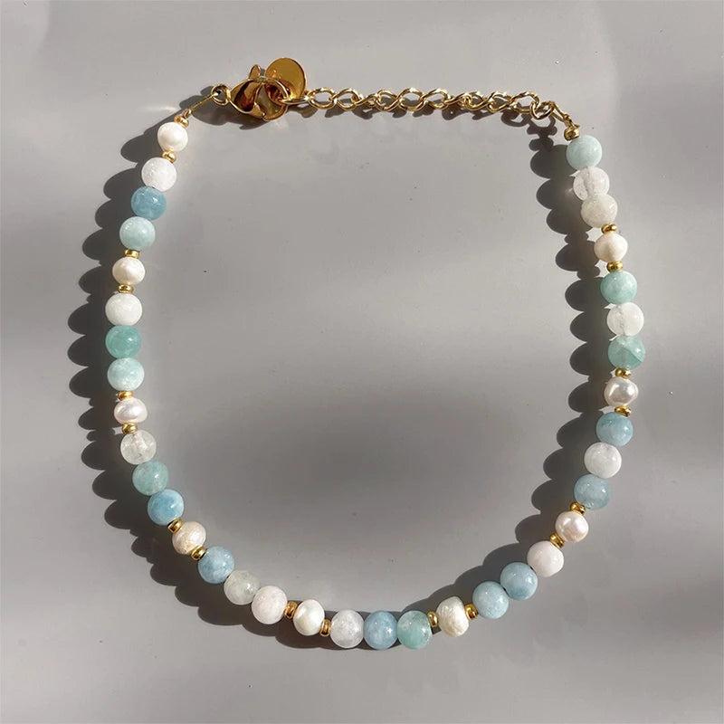 Aquamarine Stones Freshwater Pearls Beaded Bracelets for Women