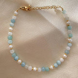 Aquamarine Stones Freshwater Pearls Beaded Bracelets for Women