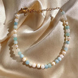 Aquamarine Stones Freshwater Pearls Beaded Bracelets for Women