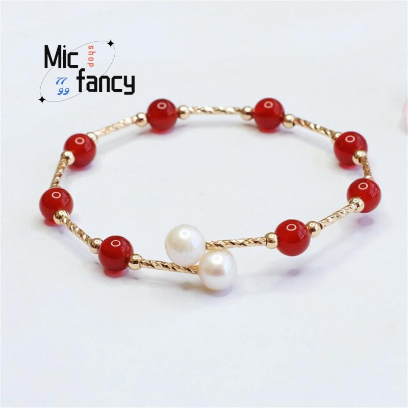 Natural Pearl Red Agate Chalcedony Bracelet Retro Women Fine Jewelry