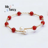 Natural Pearl Red Agate Chalcedony Bracelet Retro Women Fine Jewelry