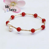 Natural Pearl Red Agate Chalcedony Bracelet Retro Women Fine Jewelry