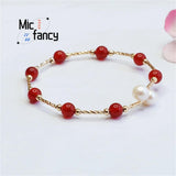 Natural Pearl Red Agate Chalcedony Bracelet Retro Women Fine Jewelry