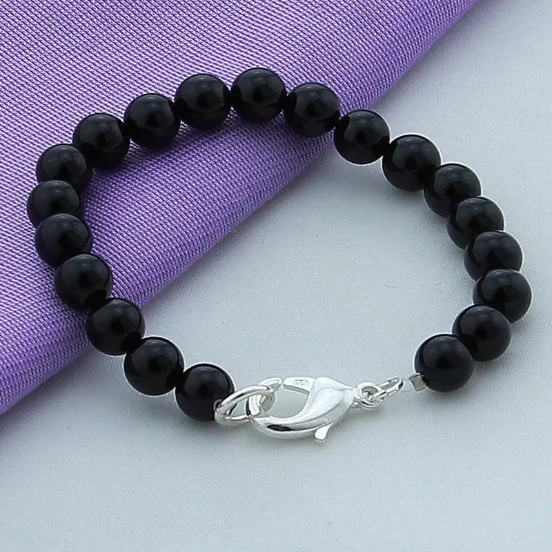 925 Silver Pearl Round Bead Charm Bracelet for Women Men