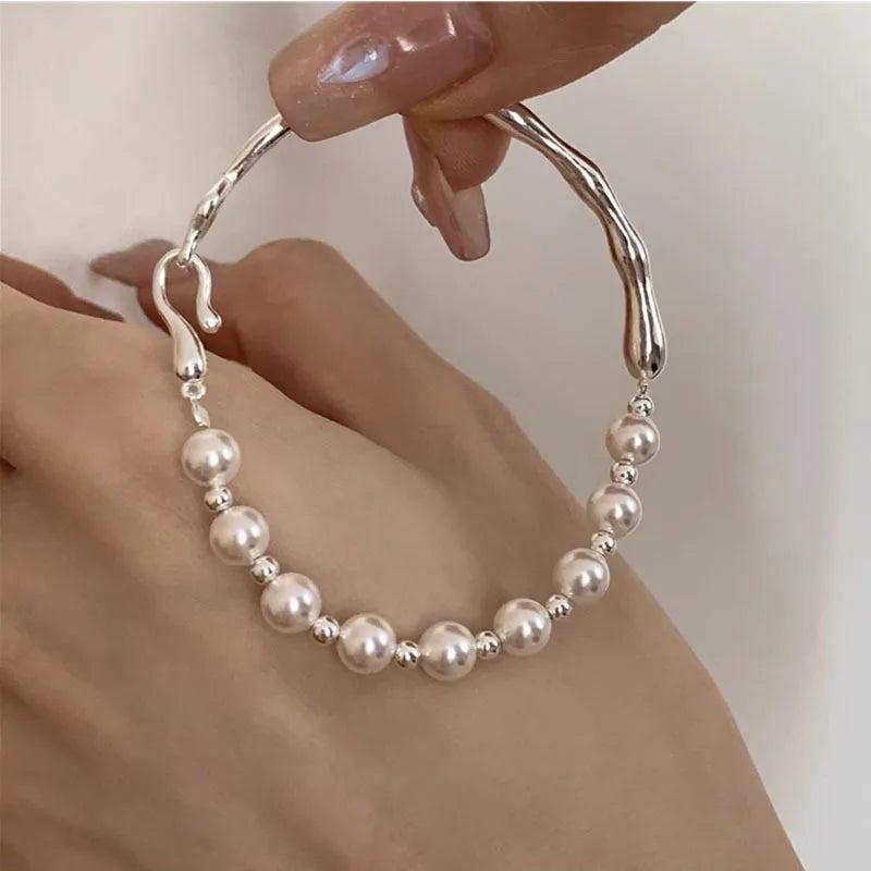 925 Silver Geometric Pearl Punk Bracelet For Women