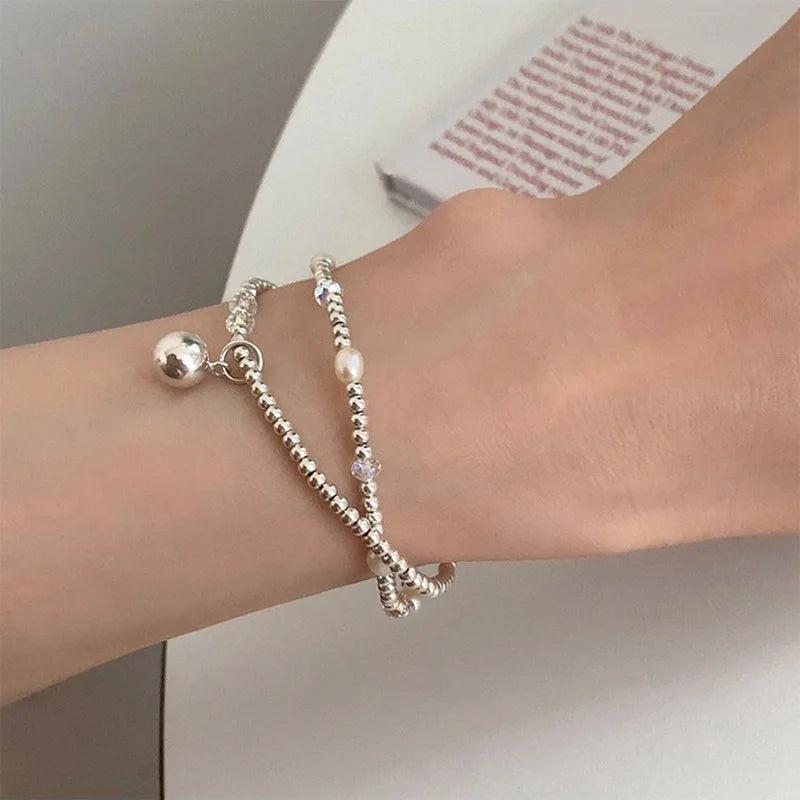 925 Silver Bead Pearl Bracelet Women Crystal Double Layer Jewelry
