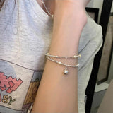 925 Silver Bead Pearl Bracelet Women Crystal Double Layer Jewelry