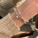 925 Silver Bead Pearl Bracelet Women Crystal Double Layer Jewelry