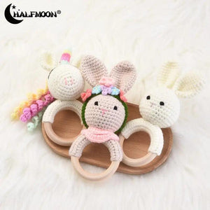 Baby Rattles Wooden Teether Hand Ring Cotton Crochet Bunny Toys