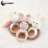 Baby Rattles Wooden Teether Hand Ring Cotton Crochet Bunny Toys