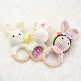Baby Rattles Wooden Teether Hand Ring Cotton Crochet Bunny Toys