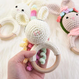 Baby Rattles Wooden Teether Hand Ring Cotton Crochet Bunny Toys