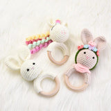 Baby Rattles Wooden Teether Hand Ring Cotton Crochet Bunny Toys