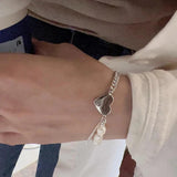 925 Silver Pearl Love Heart Bracelet Asymmetry Tassel Jewelry