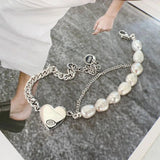 925 Silver Pearl Love Heart Bracelet Asymmetry Tassel Jewelry