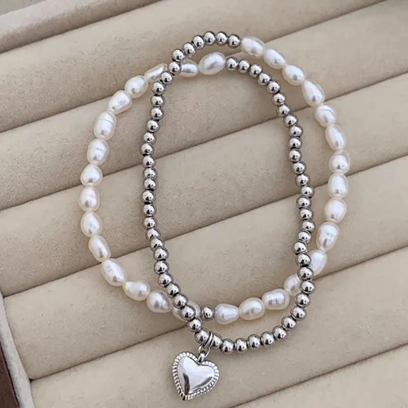 925 Silver Heart Pearls Double Layer Bracelet for Women