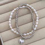 925 Silver Heart Pearls Double Layer Bracelet for Women