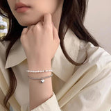 925 Silver Heart Pearls Double Layer Bracelet for Women