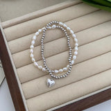 925 Silver Heart Pearls Double Layer Bracelet for Women