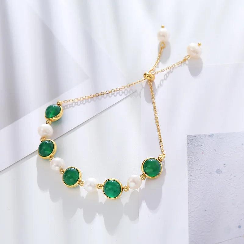 Natural Freshwater Pearl & Green Crystal Charm Bracelet