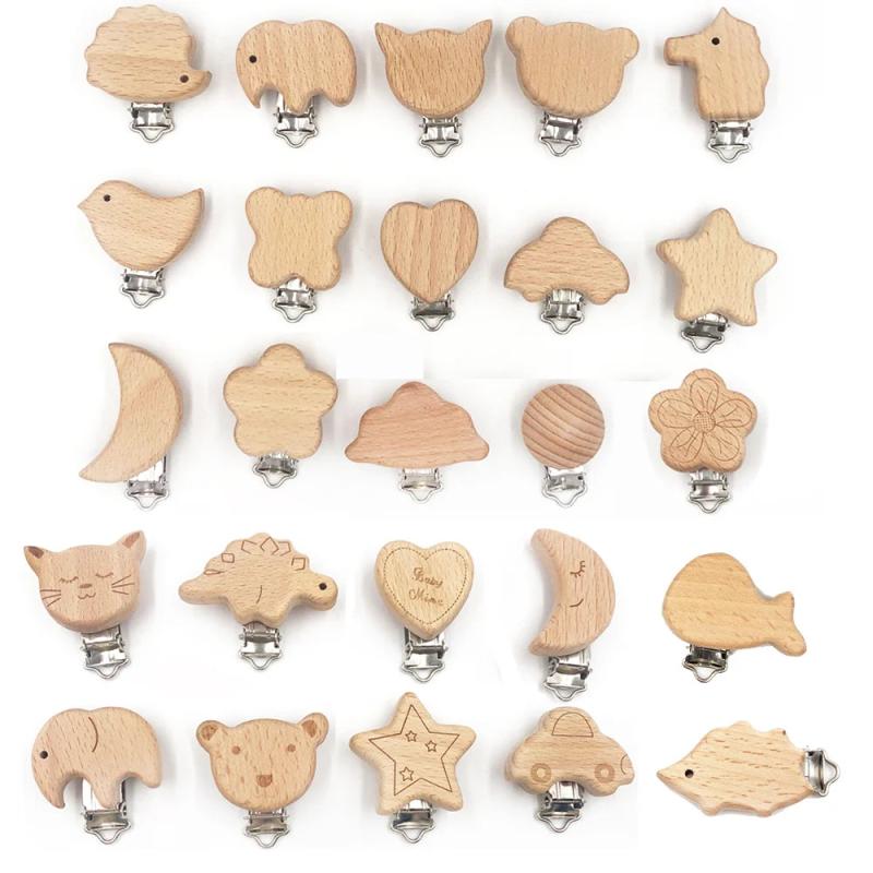 3pc Animal Wooden Beads Pacifier Clip Natural Beech Wood Dummy Clips DIY