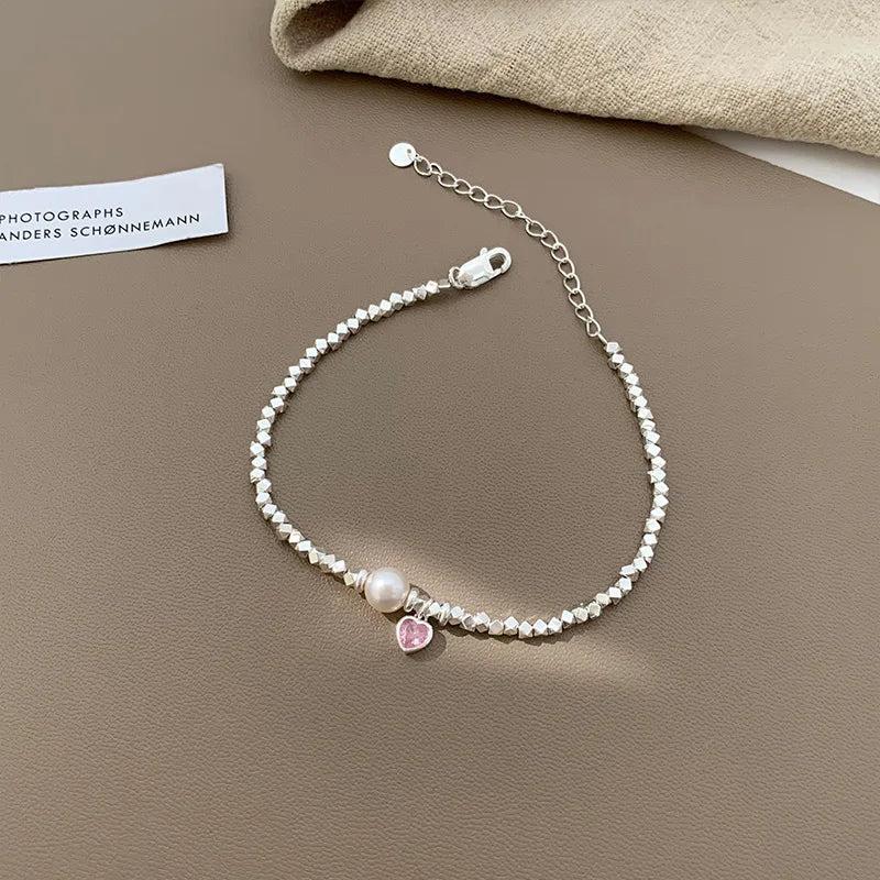 925 Silver Heart Pearl Bracelet Bead Zircon Jewelry