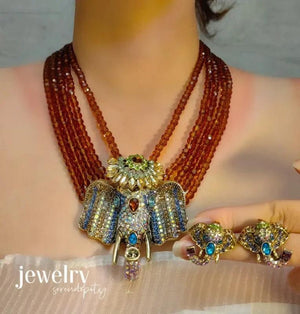 Vintage Elephant Jewelry Set Crystal Accessories Women Multilayered Necklace Ear