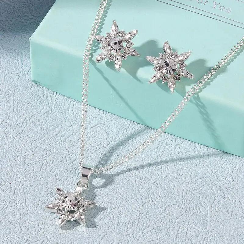 Snowflake Crystal Jewelry Set Silver Necklace Earrings Romantic Style