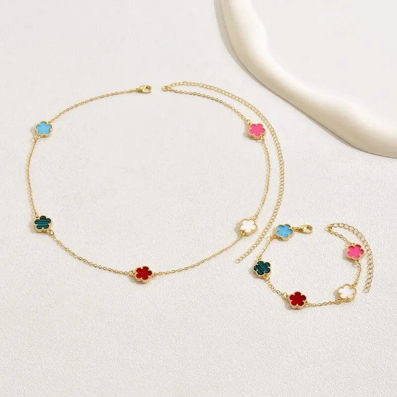 Colorful Flower Necklace Bracelet Set Copper Chain Plating Jewelry Set