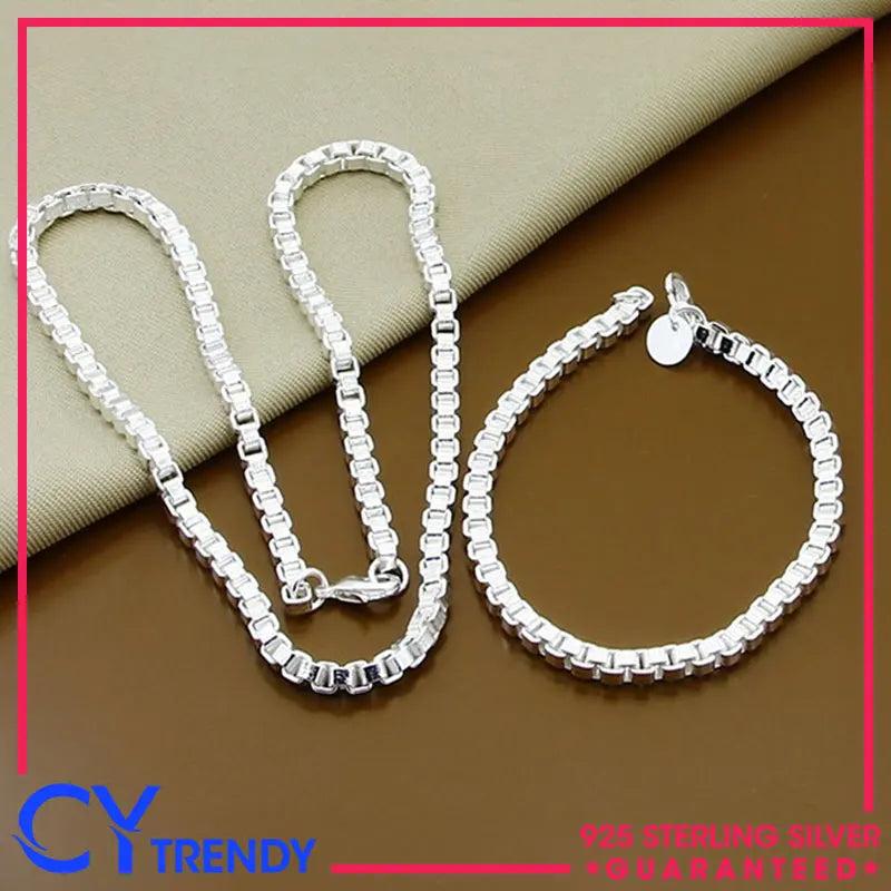 925 Sterling Silver Tennis Box Chain Jewelry Set